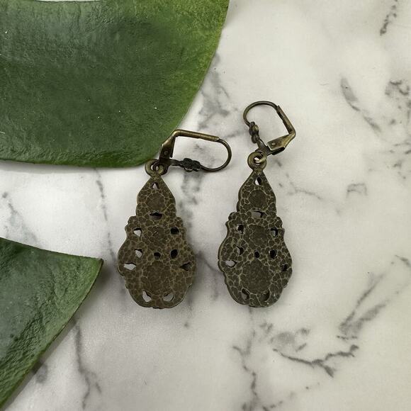 Vintage 70s Pendant Earrings Pink Green Rhinestone Floral Boho Peasant Dangle - Picture 3 of 4